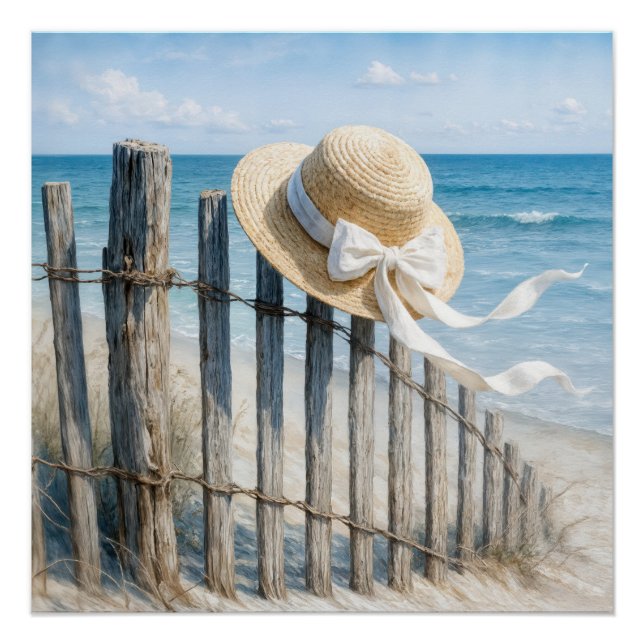 Summer Straw Hat On Beach Fence Poster (Front)