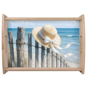 Summer Straw Hat On Beach Fence Serving Tray