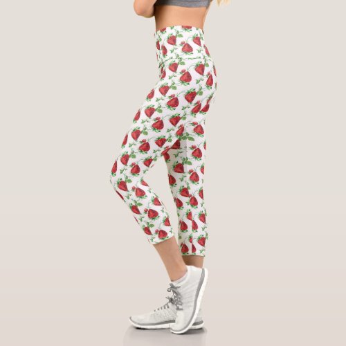 Summer Strawberries and Leaves Pattern Capri Leggings