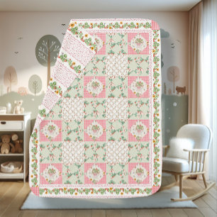 Summer Strawberries Gingham Floral Baby Girl Blanket