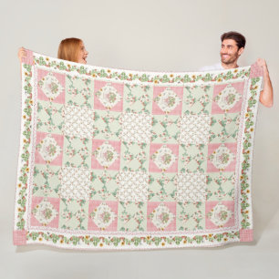 Summer Strawberries Gingham Floral Girls Bedroom Fleece Blanket