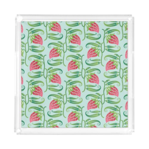 Summer Strawberries Green Background Pattern Acrylic Tray