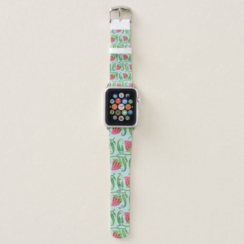 Summer Strawberries Green Background Pattern Apple Watch Band