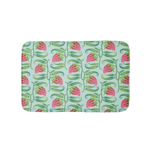 Summer Strawberries Green Background Pattern Bath Mat