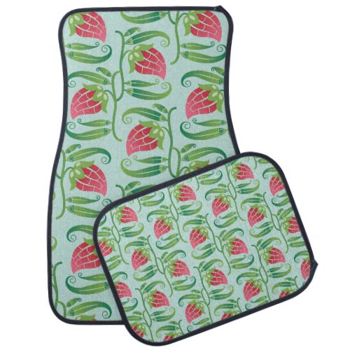Summer Strawberries Green Background Pattern Car Floor Mat