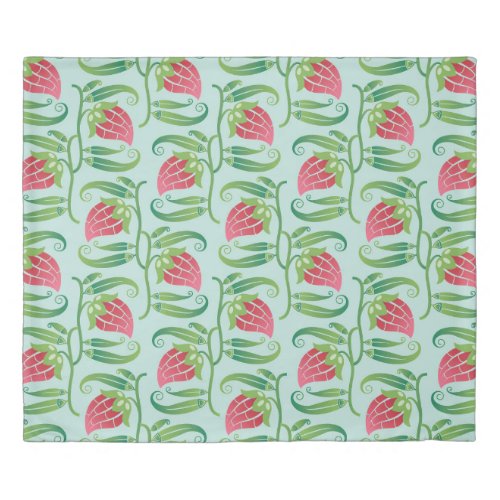 Summer Strawberries Green Background Pattern Duvet Cover