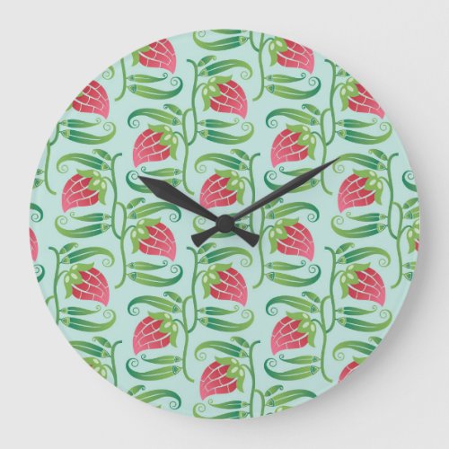 Summer Strawberries Green Background Pattern Large Clock
