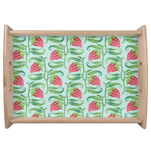 Summer Strawberries Green Background Pattern Serving Tray
