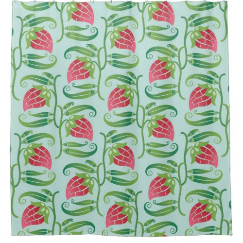Summer Strawberries Green Background Pattern Shower Curtain