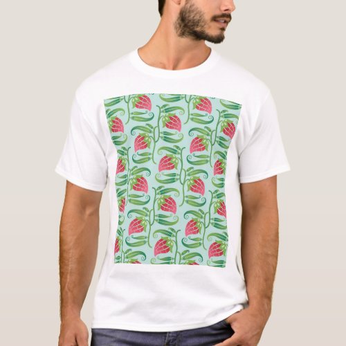 Summer Strawberries Green Background Pattern T_Shirt