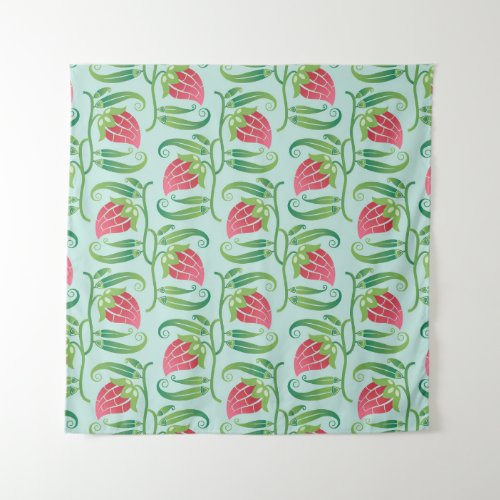Summer Strawberries Green Background Pattern Tapestry