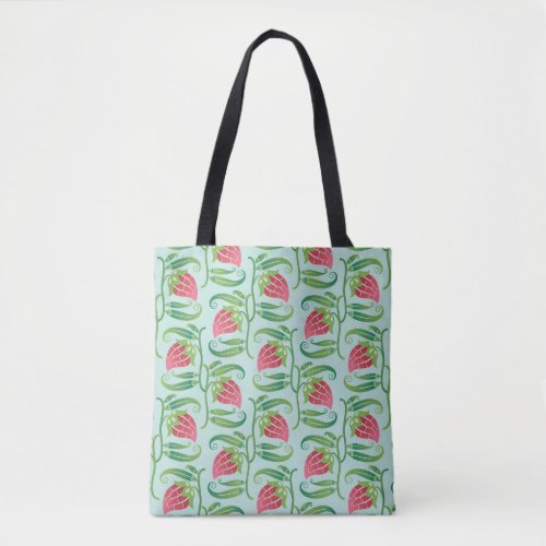 Summer Strawberries Green Background Pattern Tote Bag