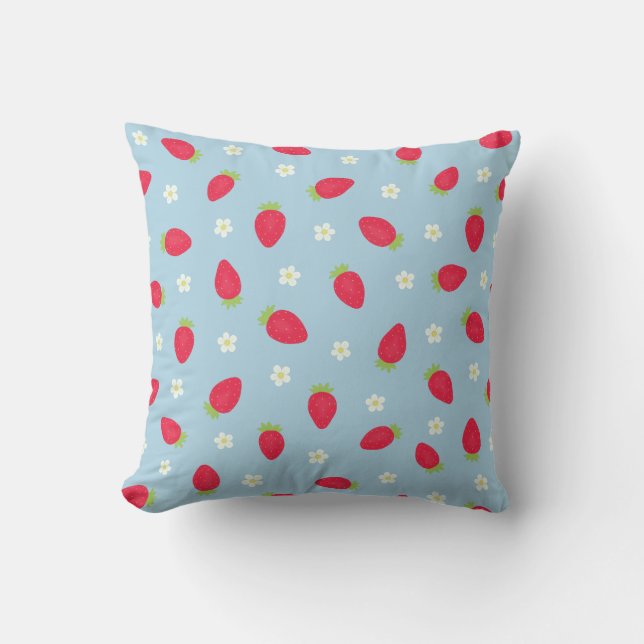 Summer Strawberries (large scale) Blue Throw Pillow (Front)