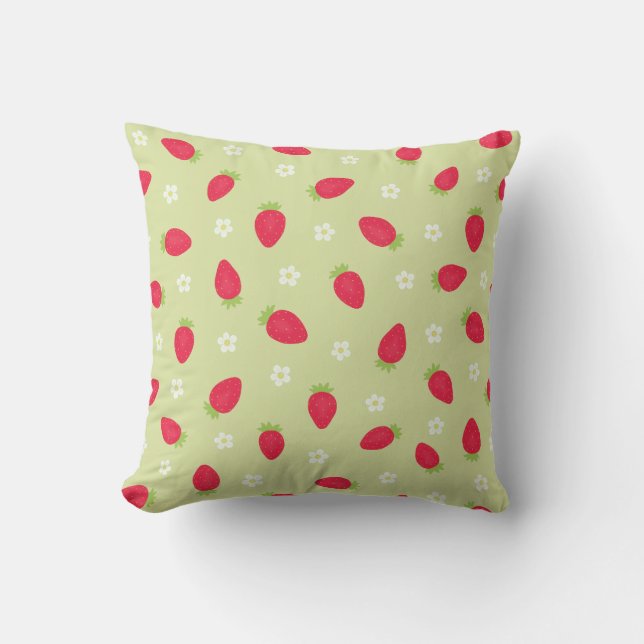 Summer Strawberries (large scale) Green Throw Pillow (Front)