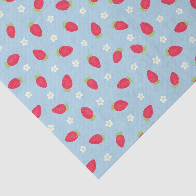 Summer Strawberries on Blue (large scale) Tissue Paper (Detail)