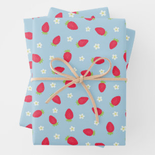 Summer Strawberries on Blue (large scale) Wrapping Paper Sheets