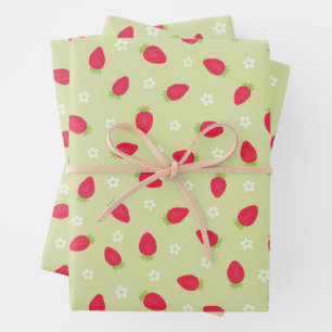 Summer Strawberries on Green (large scale) Wrapping Paper Sheets