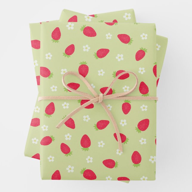 Summer Strawberries on Green (large scale) Wrapping Paper Sheets (In situ)