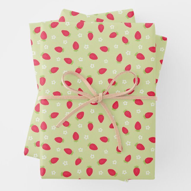 Summer Strawberries on Green (small scale) Wrapping Paper Sheets (In situ)