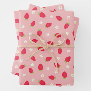Summer Strawberries on Pink (large scale) Wrapping Paper Sheets