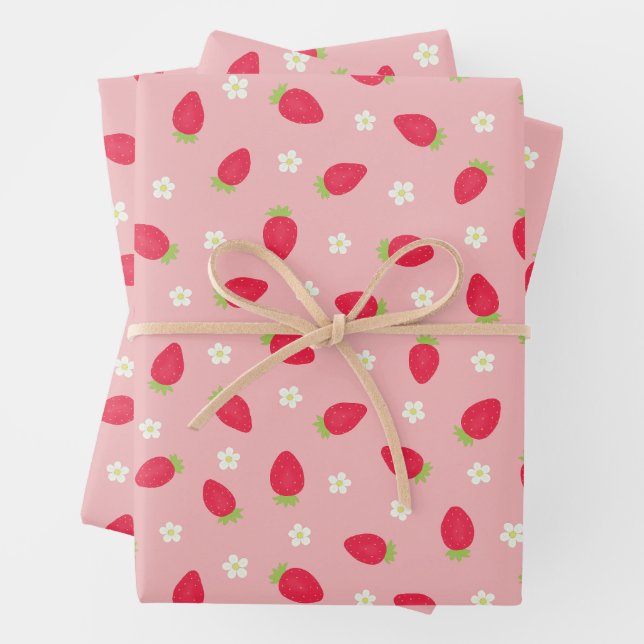 Summer Strawberries on Pink (large scale) Wrapping Paper Sheets (In situ)