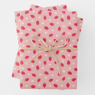 Summer Strawberries on Pink (small scale) Wrapping Paper Sheets