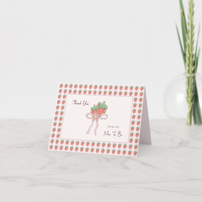 Summer Strawberries Pink Ribbon Thank You Card (Front)