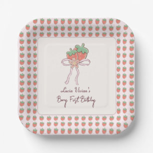 Summer, Strawberries, Ribbon 1st Birthday Party Paper Plates