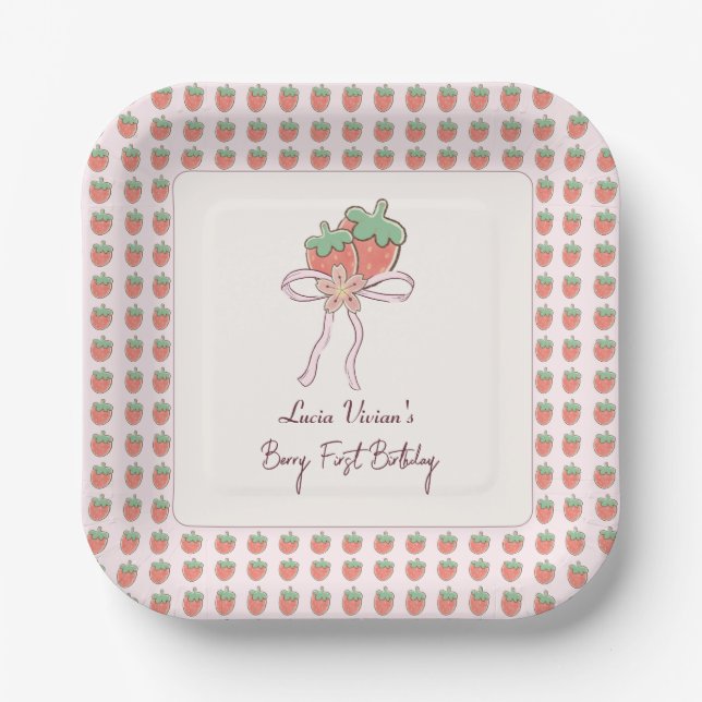 Summer, Strawberries, Ribbon 1st Birthday Party Paper Plates (Front)