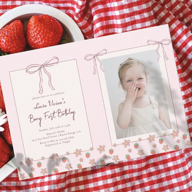 Summer, Strawberries, Ribbon Photo 1st Birthday Invitation (Creator Uploaded)