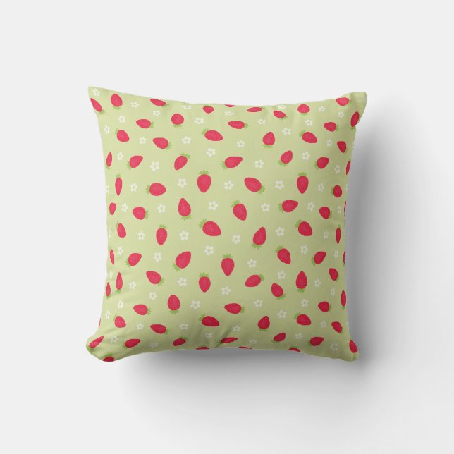 Summer Strawberries (small scale) Green Throw Pillow (Front)