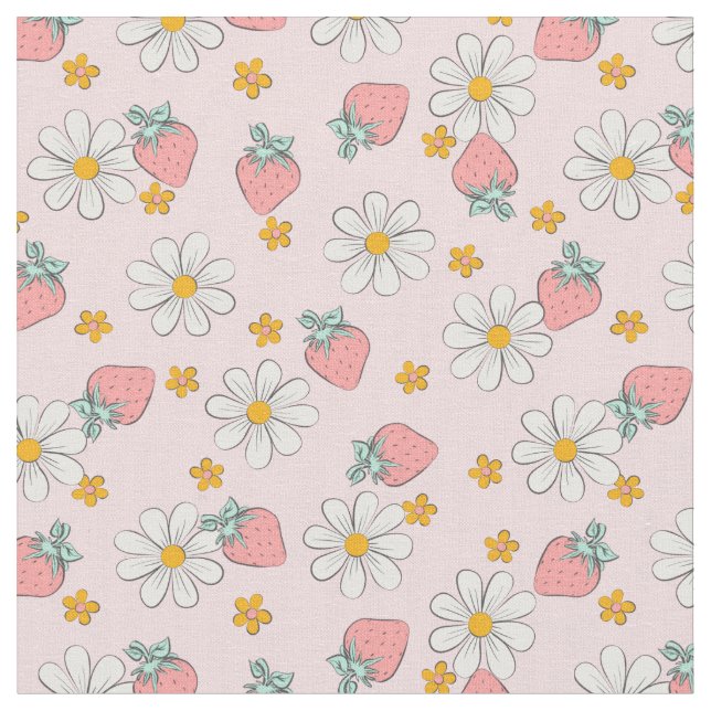 Summer Strawberry Daisy Floral  Fabric (Close Up)