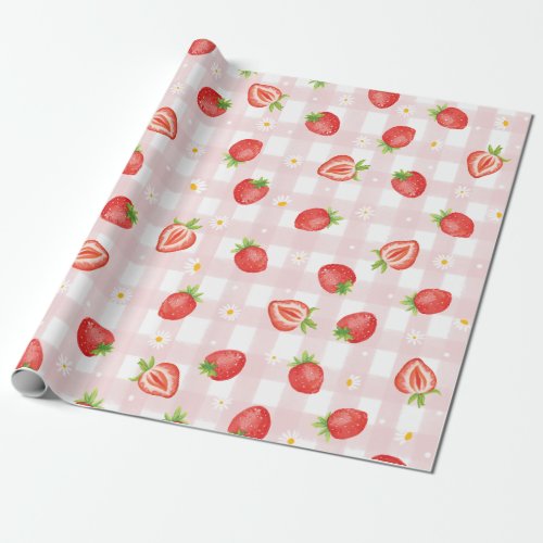 Summer Strawberry Daisy Floral Pink Gingham Party Wrapping Paper