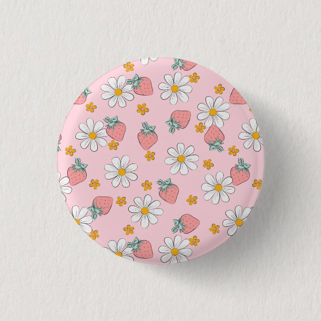 Summer Strawberry Daisy Pattern  Button (Front)