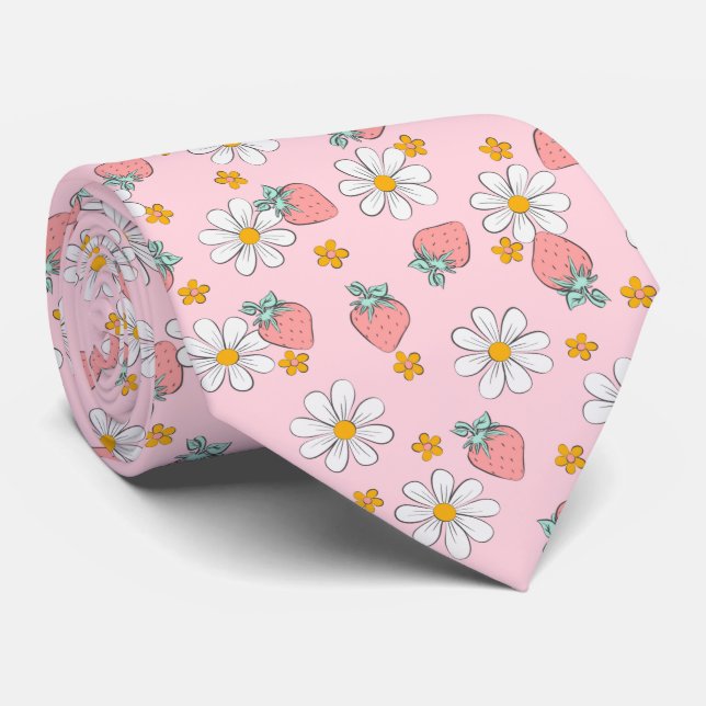 Summer Strawberry Daisy Pattern  Neck Tie (Rolled)