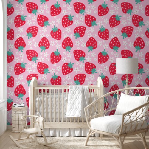 Summer Strawberry floral Red Kid Nursery Bedroom  Wallpaper