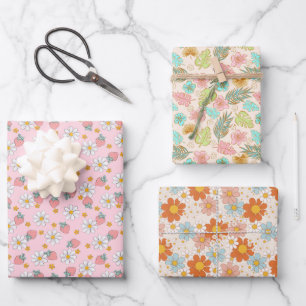Summer Strawberry Flower Tropical Leaves Wrapping Paper Sheets