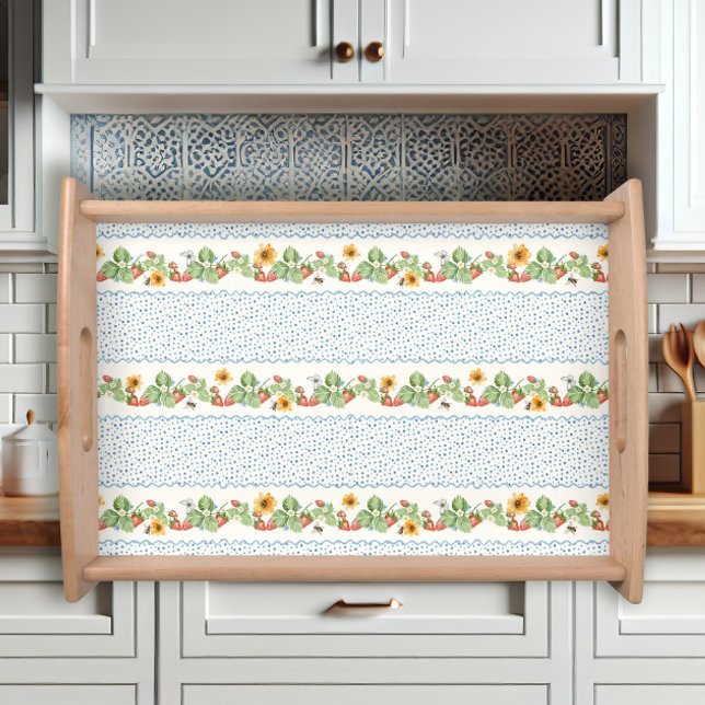 Summer Strawberry Garden Sunflower Floral Bee Blue Serving Tray (Creator Uploaded)