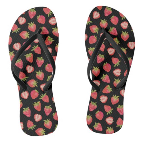 Summer Strawberry Pattern on black Flip Flops