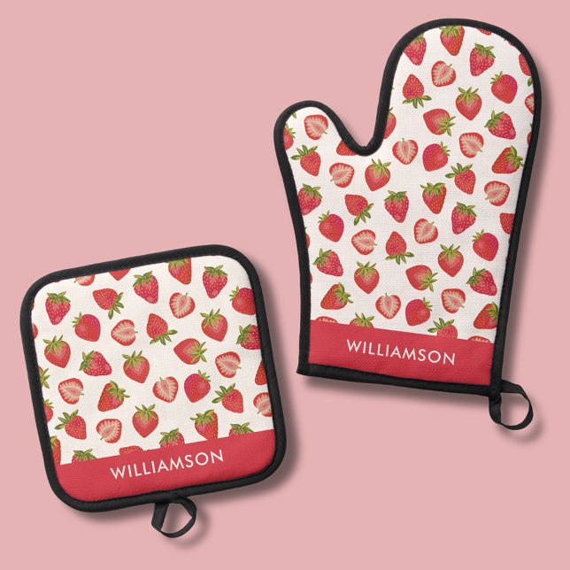 Summer strawberry pattern oven mitt & pot holder set (Strawberry oven mitt and oven glove.  Personalize with your own name or choice of text.)