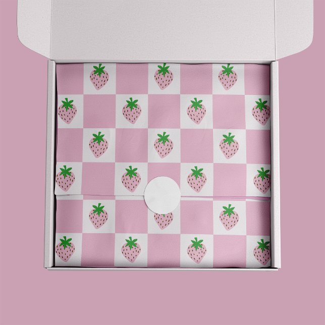 Summer Strawberry Pink Checkerboard Tissue Paper (Pink Strawberry checkerbaord preppy tissue paper sheets)