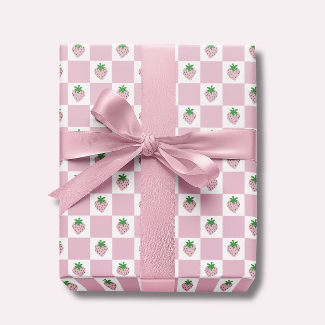 Summer Strawberry Pink Checkerboard Wrapping Paper (Pink strawberry checkerboard wrapping paper. Ideal for girls birthday gifts and baby showers.)