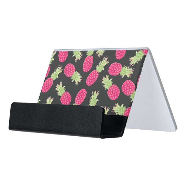 Summer Strawberry Tropical Pineapples Desk Business Card Holder (Angled Front)