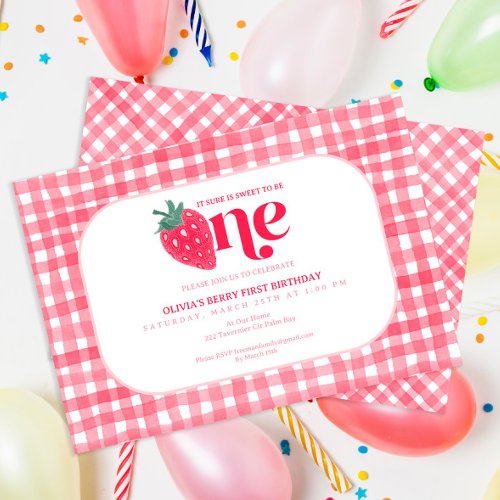 Summer Strawberry Watercolor 1st Birthday Invite