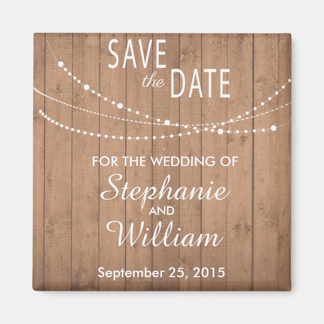 Summer string lights on wood save the date magnet (Front)
