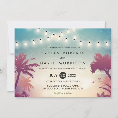 Summer String Lights Palm Tree Outdoor Wedding Card