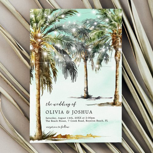 Summer String Lights Palm Tree Wedding Invitation