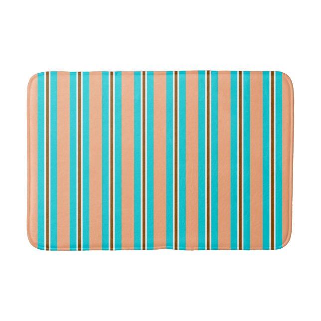 Summer Stripes, Aqua, Coral Orange and Brown   Bath Mat (Front)