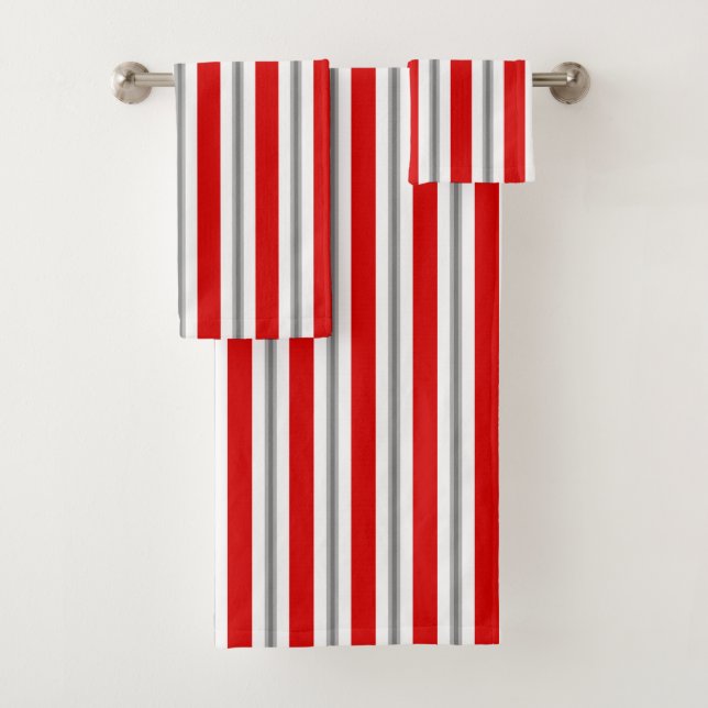 Summer Stripes, Deep Red, White and Gray  Bath Towel Set (Insitu)