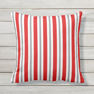 Summer stripes - deep red white and gray / grey throw pillow